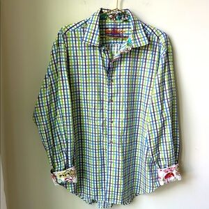 Robert Graham Plaid Aloha Vespa Scooter Shirt in Blue Purple Green Plaid Size XL